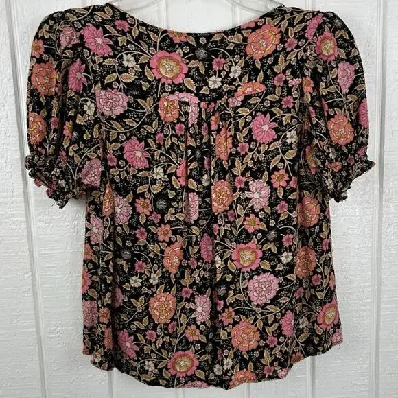 Cynthia Rowley Floral Boho Blouse Pink Black Puff Sleeve Romantic Top Small - Picture 5 of 7